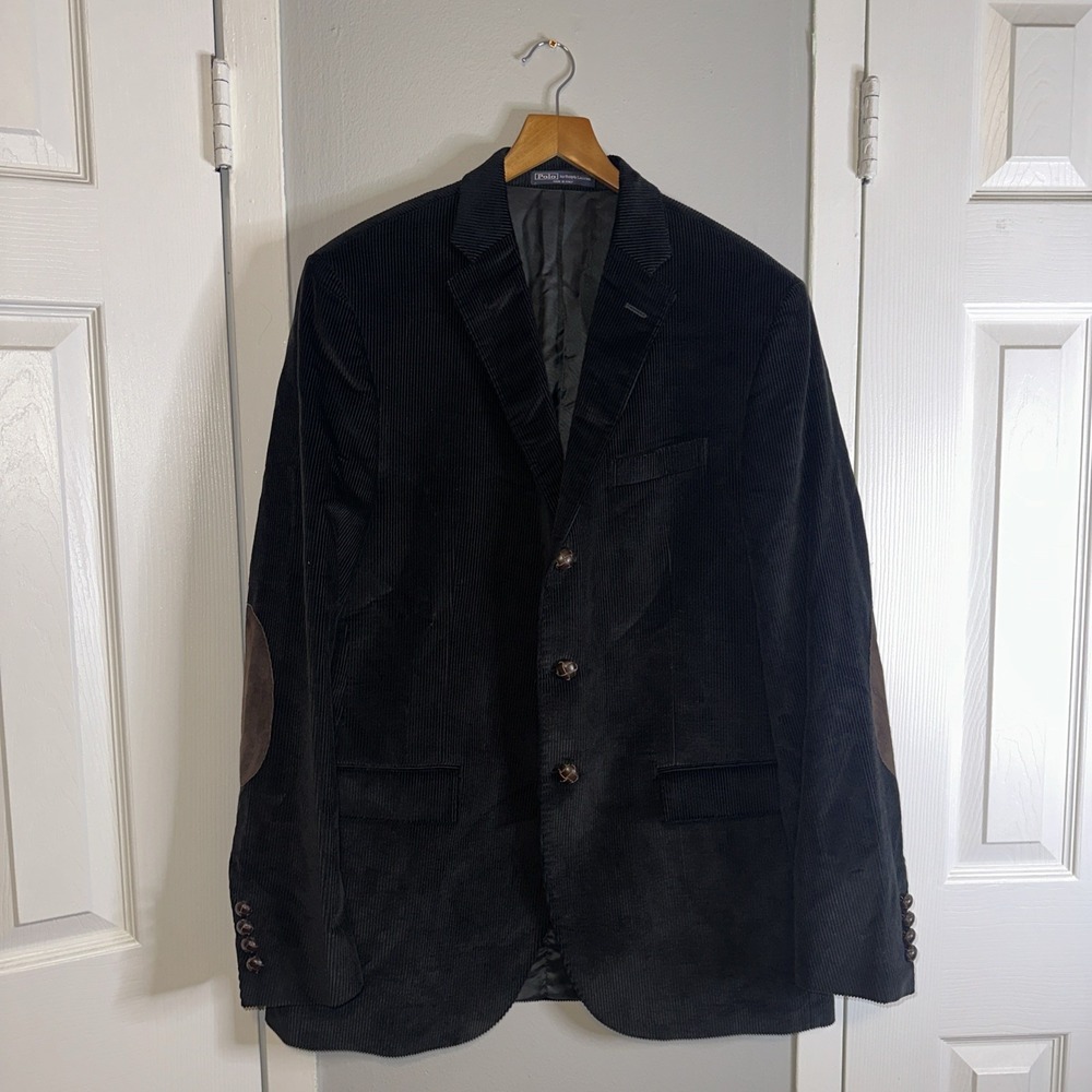 Polo Ralph Lauren Blazer Mens Black Corduroy Jacket Leather Buttons Sport Coat L